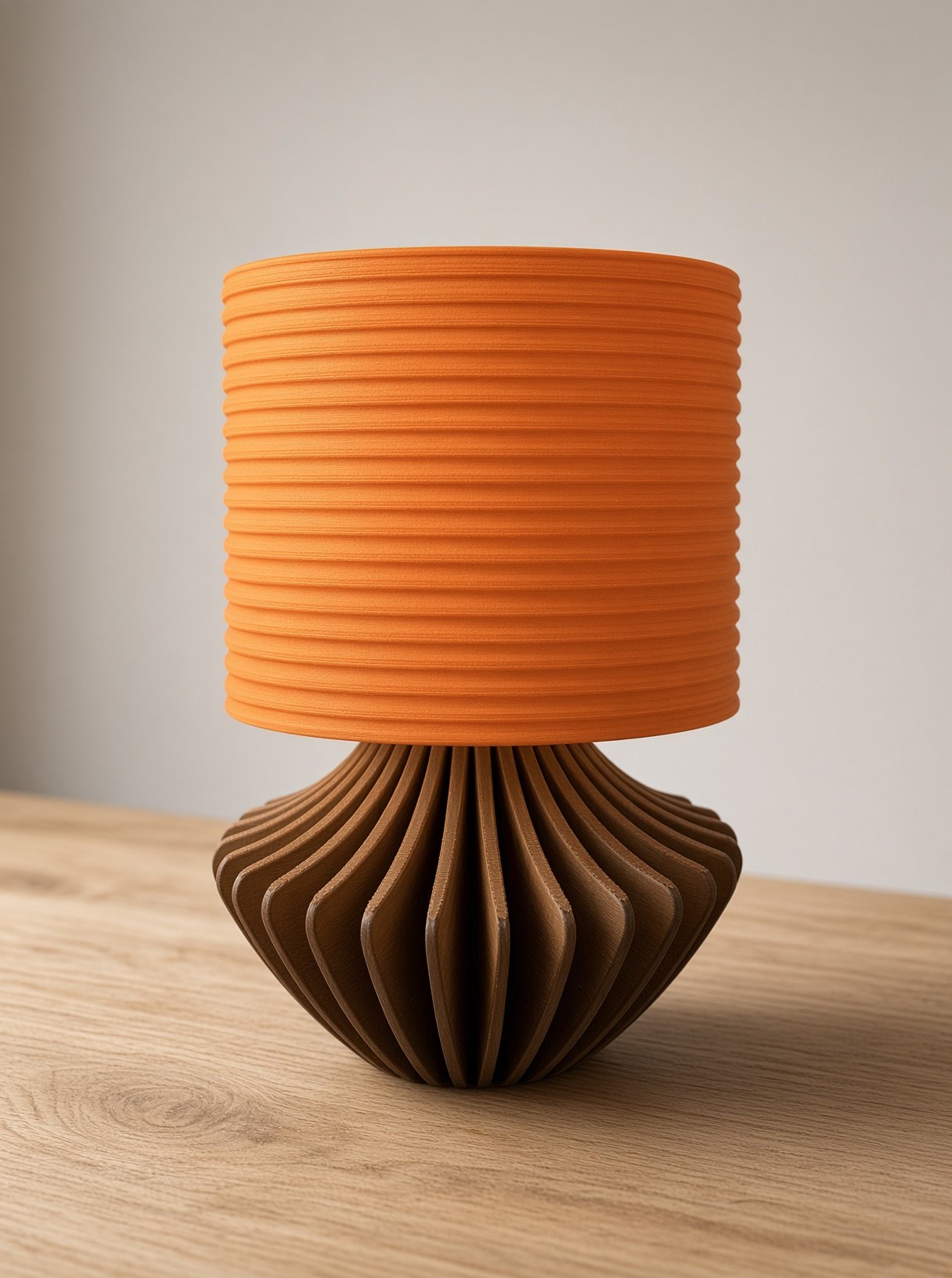 Blonde lamp: a gold-orange ribbed shade on a dark brown finned base