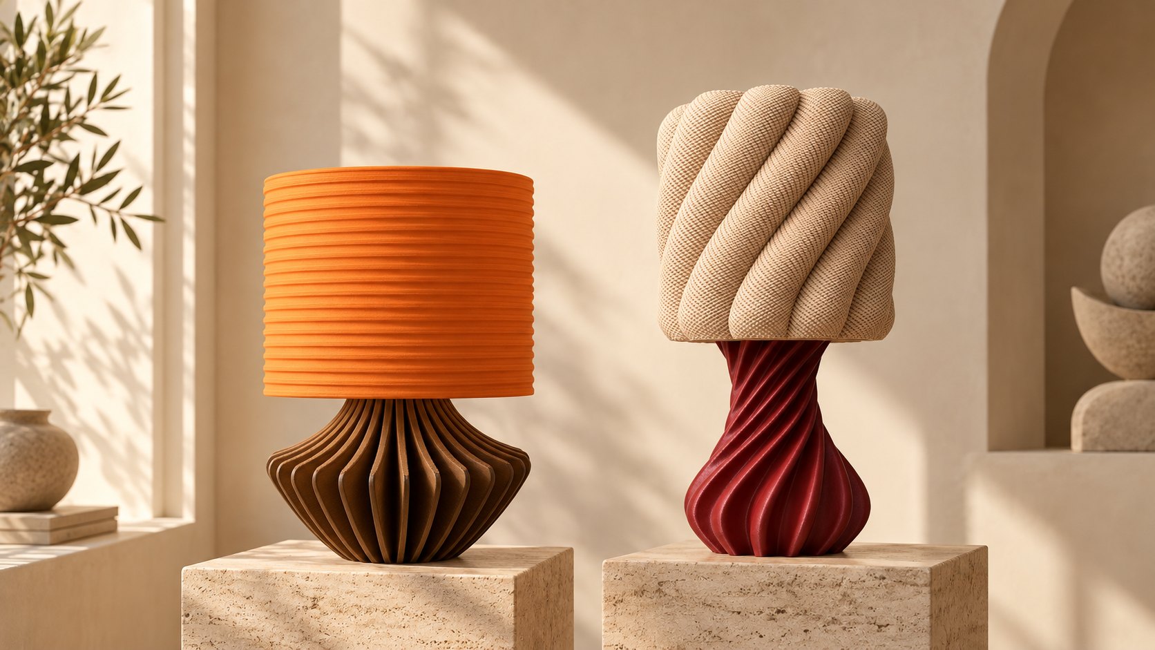 The Blonde and Aura lamps on stone plinths in warm afternoon light