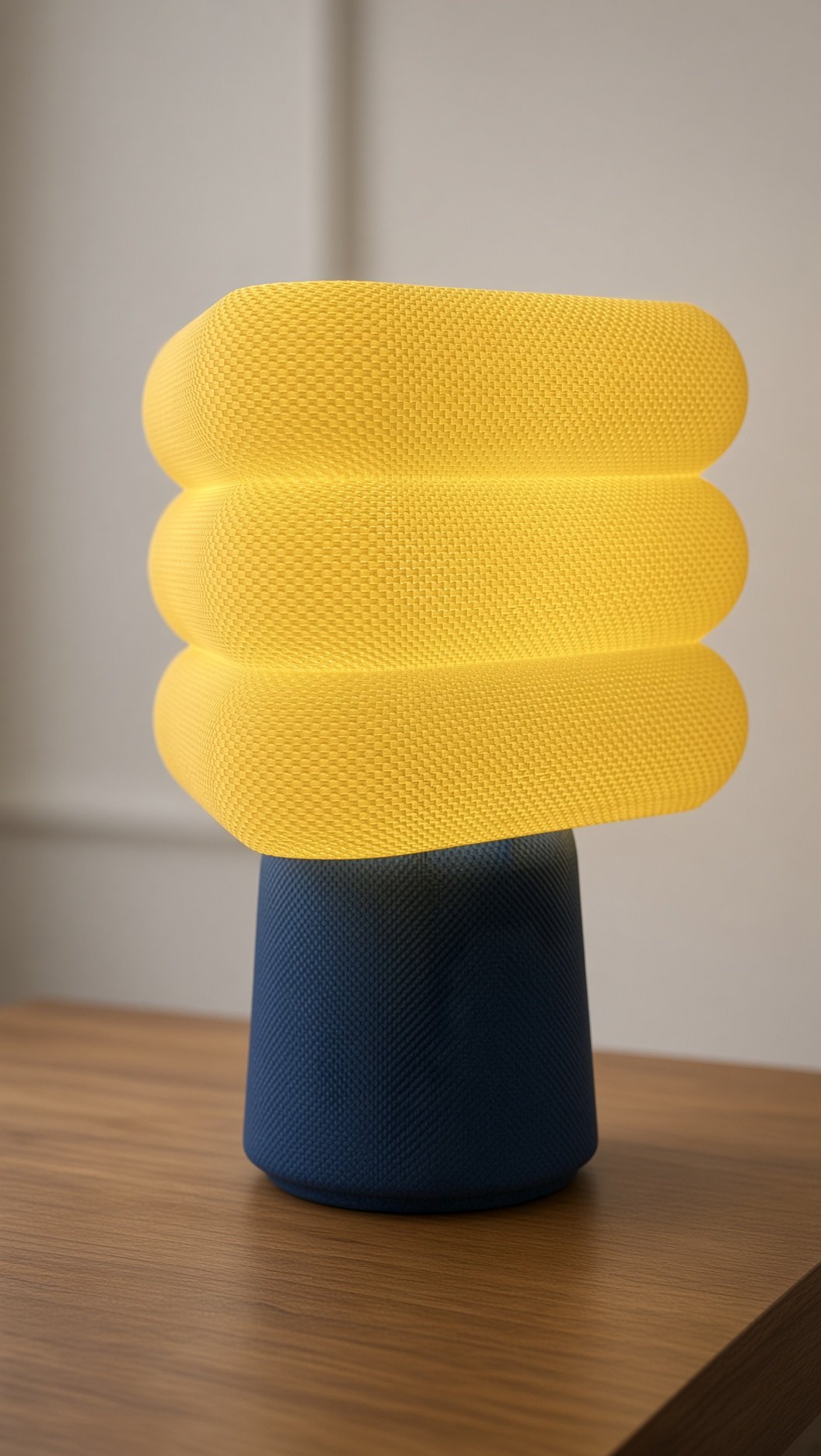 Sun lamp: a yellow shade of three stacked rounded forms on a navy base